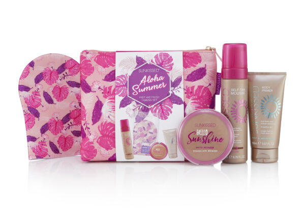 SUNKISSED 28578 ALOHA SUMMER TANNING SET MEDIUM MOUSSE 200ML SMALL HELLO SUNSHINE BRONZER 12G SINGLE MITT PRIMER 150ML BAG