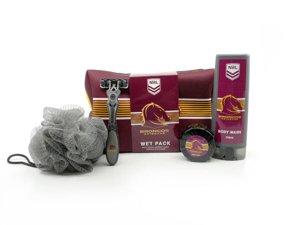 NRL TOILETRIES BAG GIFT SET BRONCOS 150ML BODY WASH, DISPOSABLE RAZOR, LOOFA AND SOAP - Image 2