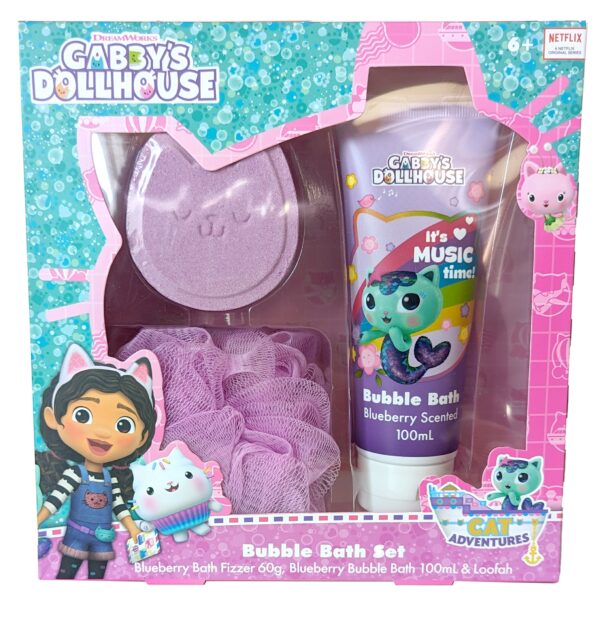 GABBYS DOLLHOUSE BUBBLE BATH SET BLUBERRY BATH FIZZER 60g BLUEBERRY BUBBLE BATH 100mL LOOFAH