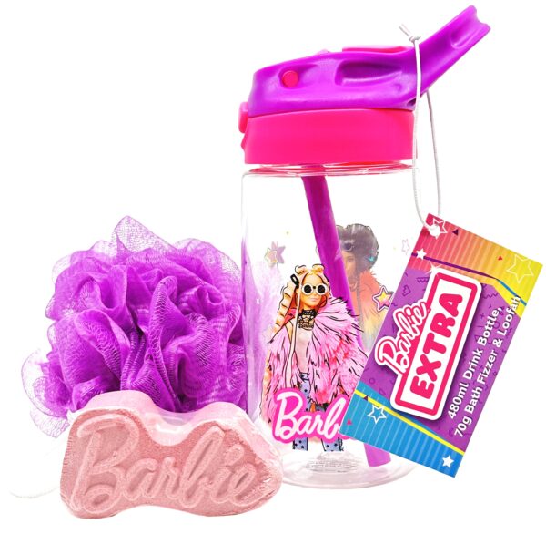 BARBIE EXTRA RANGE DRINK BOTTLE SET DRINK BOTTLE 480mL BATH FIZZER 70g LOOFAH