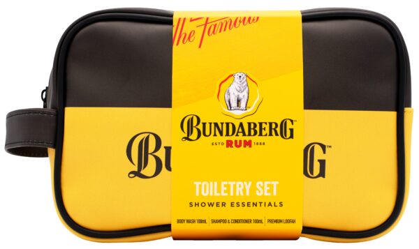 BUNDABERG RUM TRAVEL SET  BODY WASH 100ML SHAMPOO AND CONDITIONER 100ML LOOFA AND COSMETIC BAG