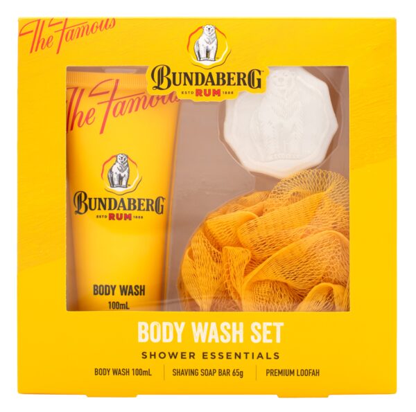 BUNDABERG RUM BODY WASH SET BODY WASH 100ML SOAP 65G LOOFAH