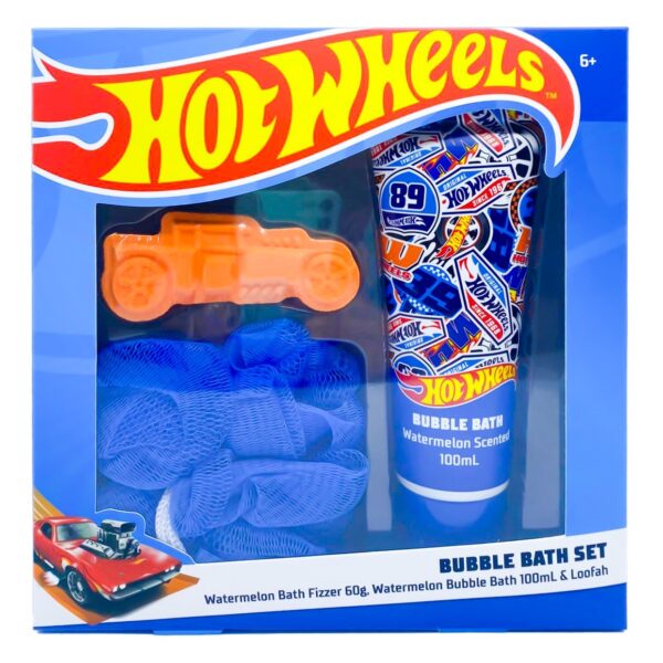 HOT WHEELS BUBBLE BATH SET WATERMELON BATH FIZZER 60g WATERMELON BUBBLE BATH 100mL LOOFAH