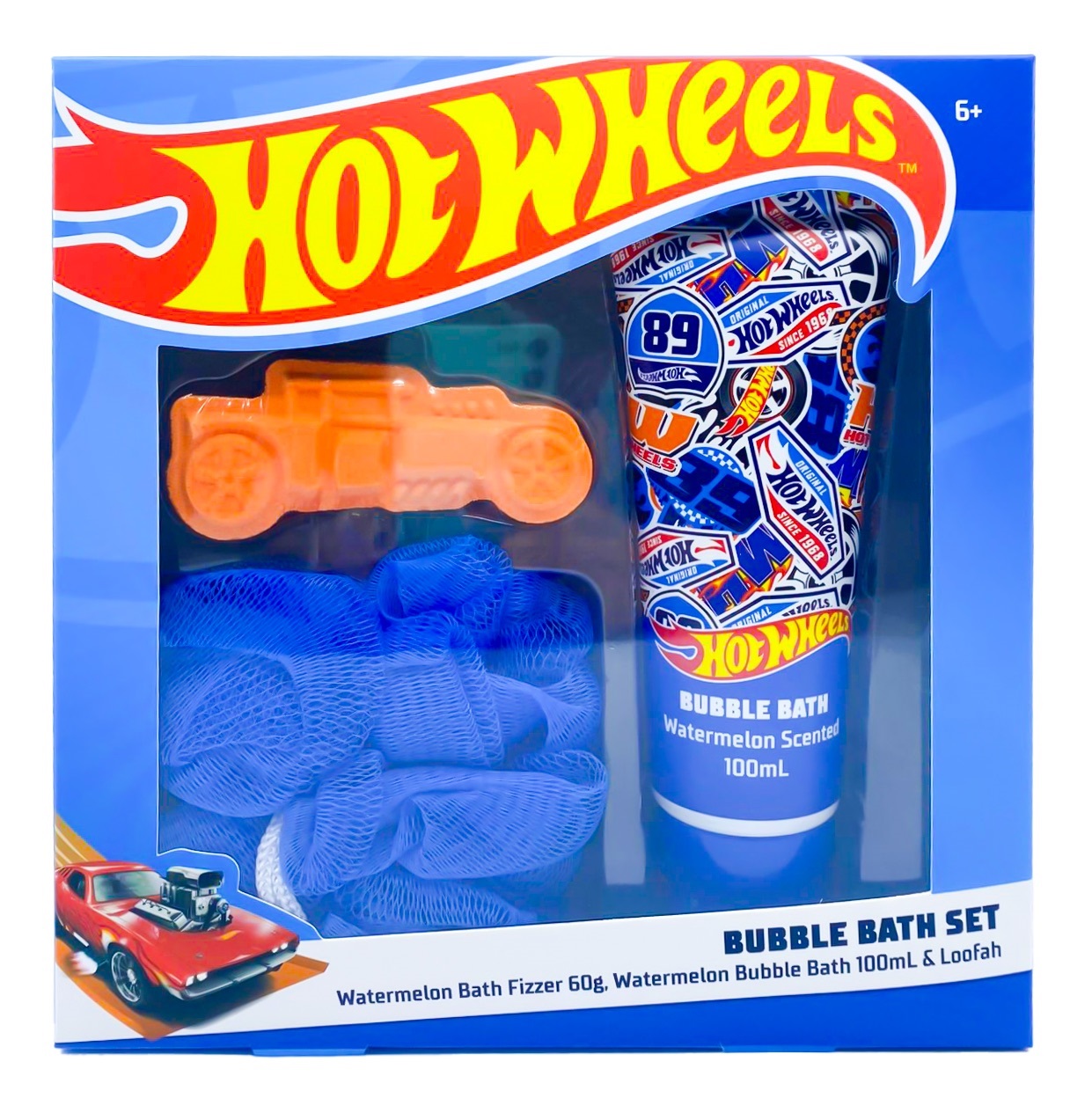 HOT WHEELS BUBBLE BATH SET WATERMELON BATH FIZZER 60g WATERMELON BUBBLE BATH 100mL LOOFAH