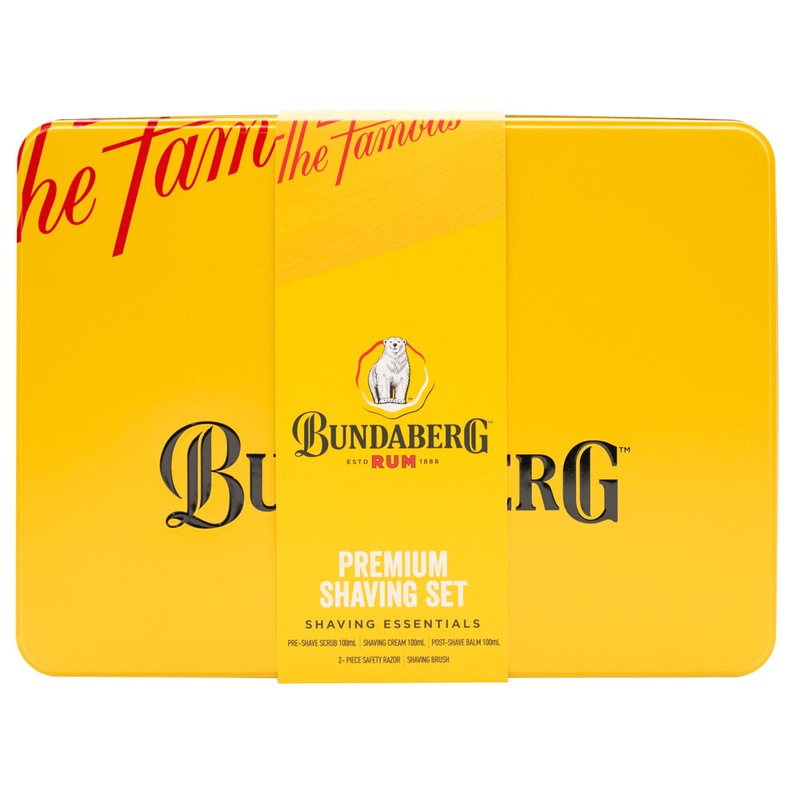 BUNDABERG RUM PREMIUM SHAVING SET - EMBOSSED TIN, 100ML SHAVING CREAM, 100ML PRE-SHAVE SCRUB, 100ML POST-SHAVE BALM, TWO-PIECE SAFETY RAZOR (INC RAZOR BLADE), & SOFT BRISTLE SHAVING BRUSH.