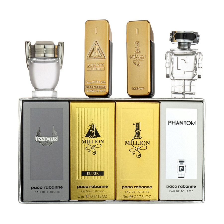PACO RABANNE 4 PCS MINI SET FOR MEN: ONE MILLION EDT 5ML + ONE MILLION ELIXIR INTENSE EDP 5ML + INVICTUS EDT 5ML + PHANTOM EDT 5ML
