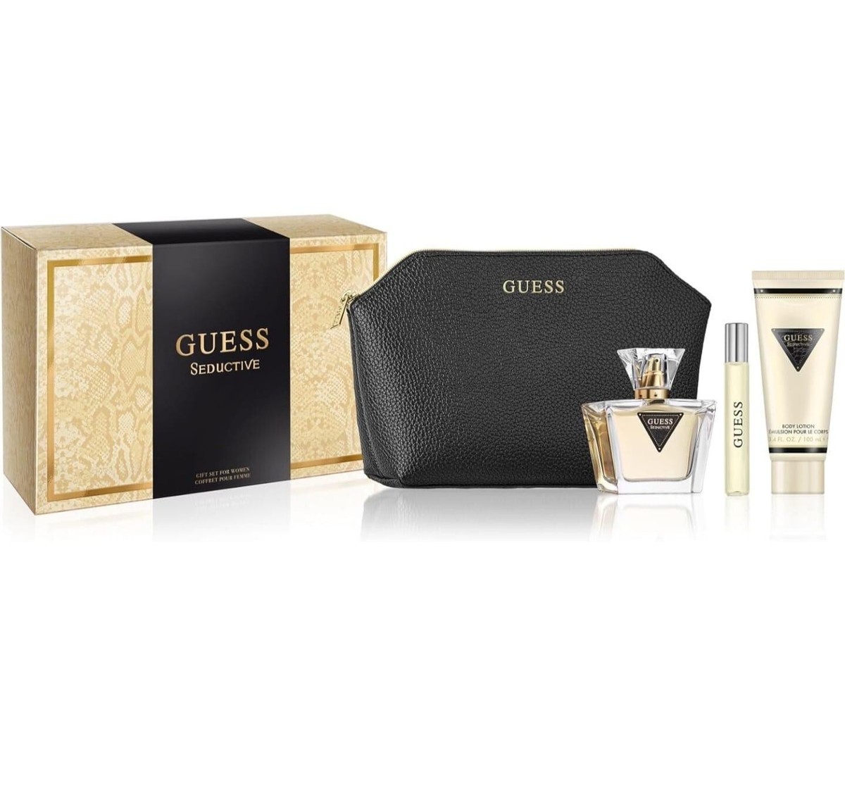 GUESS SEDUCTIVE (L) 4PC SET - EDT 75ML + PURSE SPRAY 15ML + BODY LOTION 100ML + TOILETRIES BAG