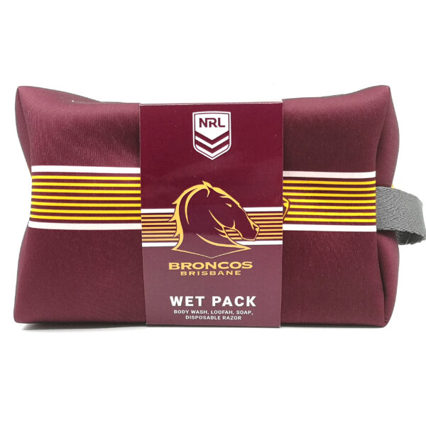 NRL TOILETRIES BAG GIFT SET BRONCOS 150ML BODY WASH, DISPOSABLE RAZOR, LOOFA AND SOAP
