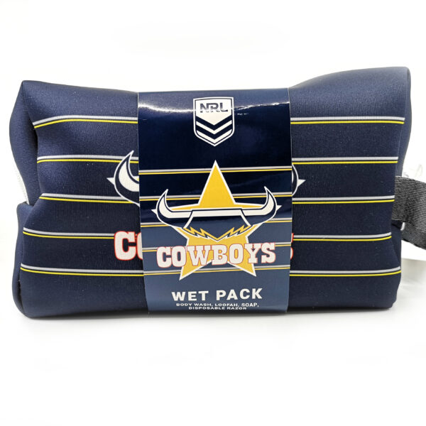NRL TOILETRIES BAG GIFT SET COWBOYS 150ML BODY WASH, DISPOSABLE RAZOR, LOOFA AND SOAP